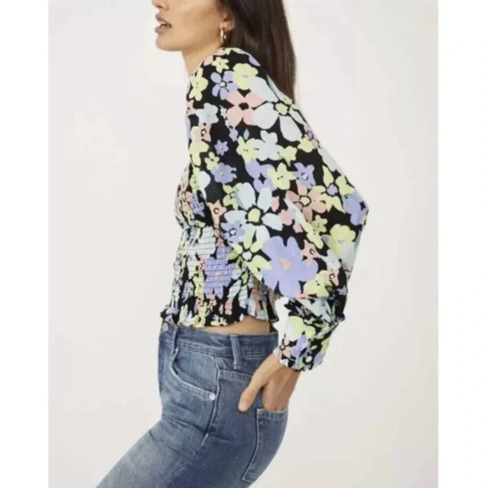 Free People Top Women Extra Small Black Floral Smocked Puff Sleeve Square Neck